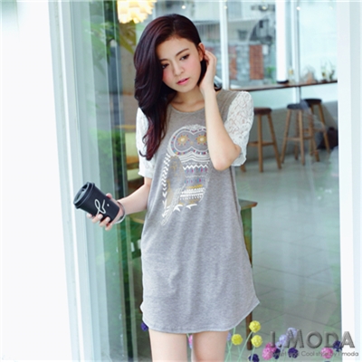 0909新品 俏妞魅力~貓頭鷹圖案蕾絲袖拼接洋裝‧2色