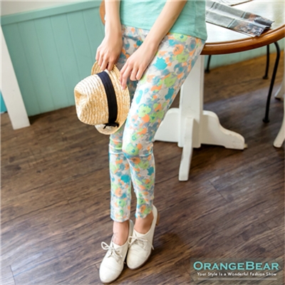 纖腿美姬~粉嫩色系花朵圖案窄管褲‧2色