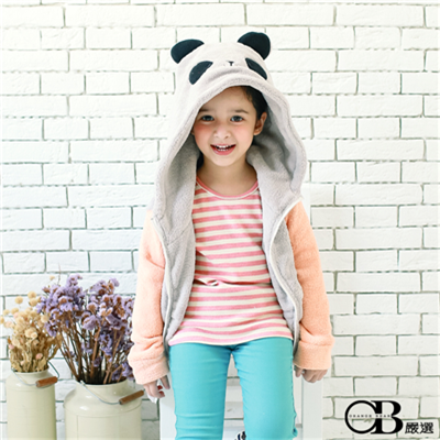  可愛注目~絨毛質感撞色袖熊貓造型連帽外套．童2色