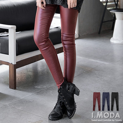 1224新品 美腿風尚~仿皮革光澤感合身窄管褲．3色