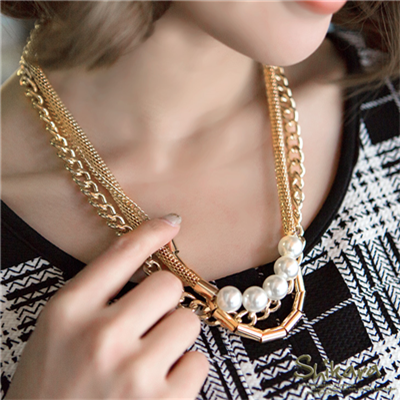 0213新品【特價款】歐美奢華~珍珠蛇鍊三圈層次金屬項鍊