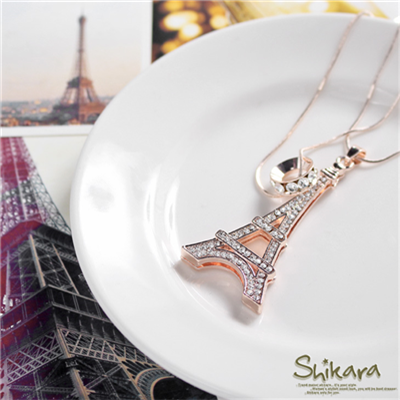 浪漫雅緻~水鑽巴黎鐵塔墬飾雙圈項鍊．1色