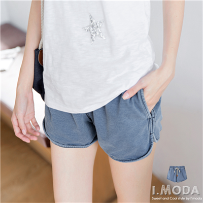0415新品 休閒率真~皮革抽繩造型彈性牛仔短褲