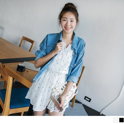 0426新品 小V領幾何印花縮腰傘襬雪紡洋裝.2色