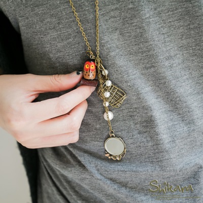 1006新品 木頭貓頭鷹X珍珠X鏡子墬飾層次項鍊