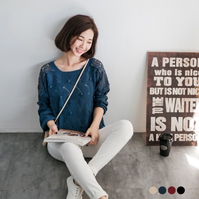 0125新品 可愛巧思~立體圓球設計拼布蕾絲連袖針織上衣．3色