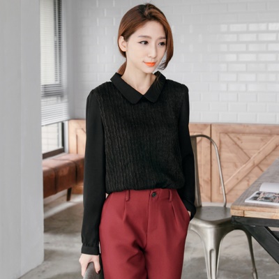 0310新品 假兩件式仿毛料拼公主領後釦式上衣．2色