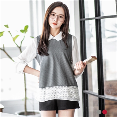 0104新品 點點織紋X雪紡袖布蕾絲下襬上衣．2色