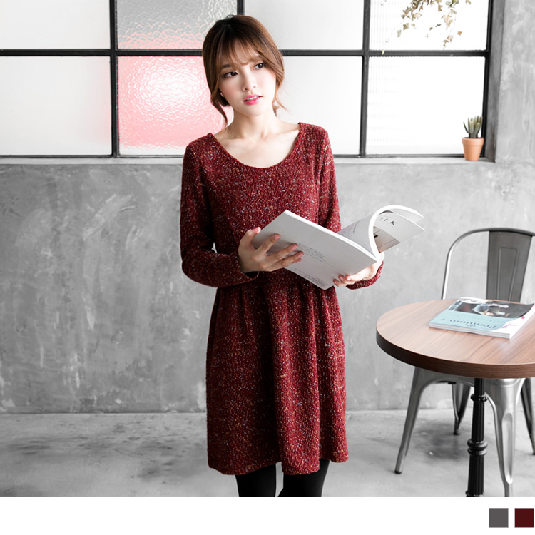 0226新品 混色毛料打摺傘狀圓領洋裝ob 品質．2色