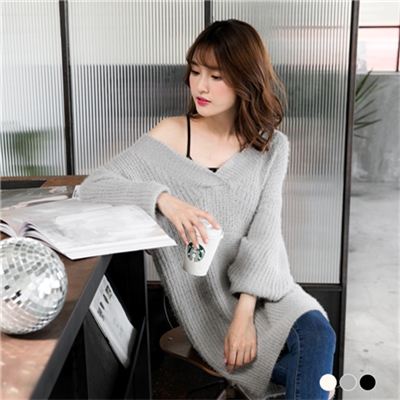 針織柔軟質感大V領落肩長版上衣.3色