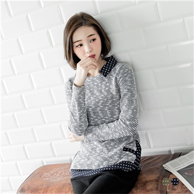 0219新品 假兩件式混色毛呢X點點織紋弧狀下襬上衣．3色