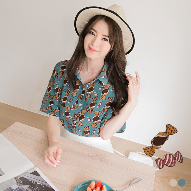052橘熊科技5新品 質感糖果造型燙印落肩襯衫．2色