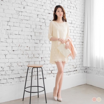 0603新品 純色雪紡紗拼花蕾絲七分袖洋裝．2色