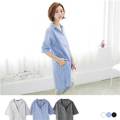 0526新品 直條紋落肩七分袖前短後長上衣/洋裝.3色