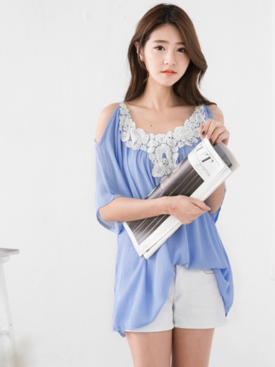 花蕾絲拼接布挖肩寬版長版上衣/洋裝.5色