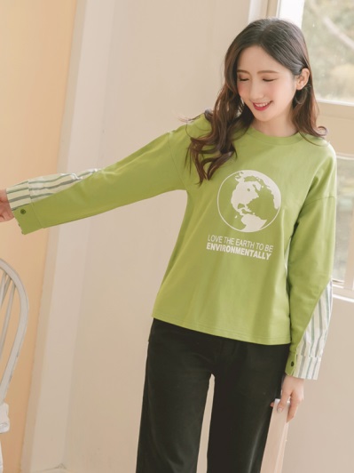 純棉地球印圖拼接開衩條紋長袖上衣 2色 Ob嚴選品牌旗艦店