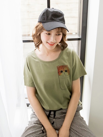 高含棉口袋水汪汪貓咪造型上衣T恤