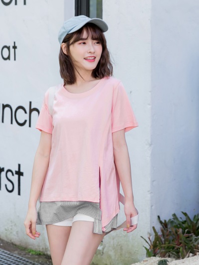 高含棉假兩件拼接條紋設計上衣