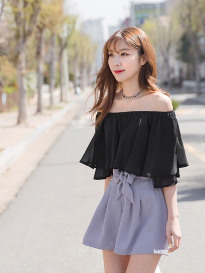 垂墜感純色雪紡圓領/一字上衣