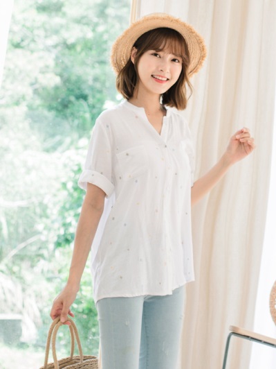 淘氣可愛配色點點口袋襯衫