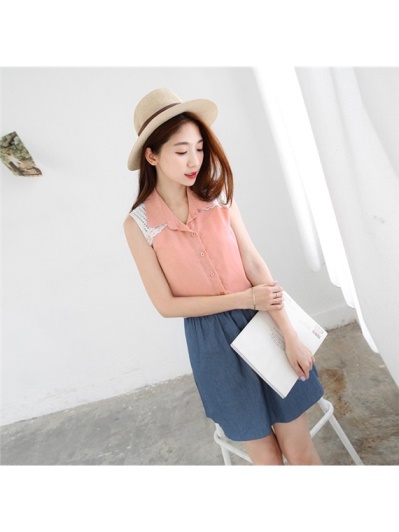 蕾絲花背鏤空透膚拼接牛仔無袖洋裝．2色