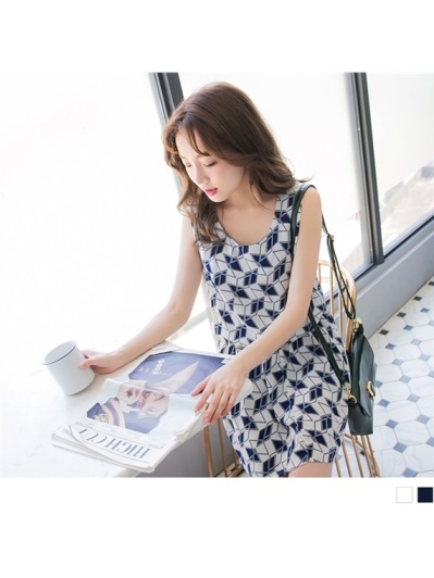 配色幾何印花縮腰設計雪紡背心洋裝．2色