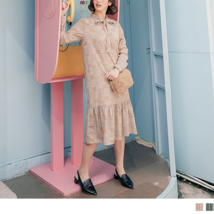 臧芮軒。領結綁帶格紋印花荷葉下襬長袖長洋裝(2色)│OB嚴選品牌旗艦店