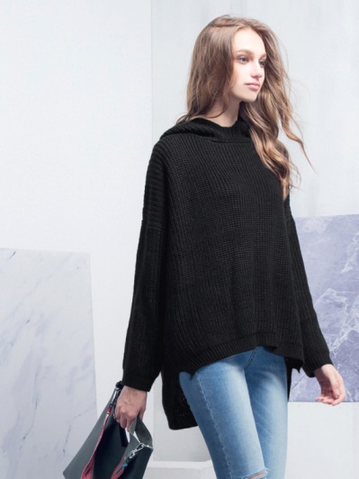 素色前短後長小高領落肩針織連帽上衣.3色