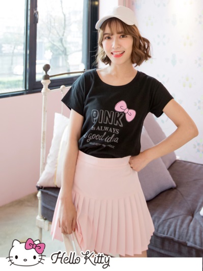 PINKHOLIC系列~KITTY印圖弧襬高含棉上衣