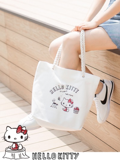 野餐系列~台灣製造KITTY印圖麻繩帆布包
