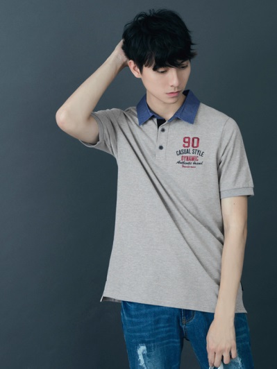 牛仔配色領字母刺繡造型短袖POLO衫．3色