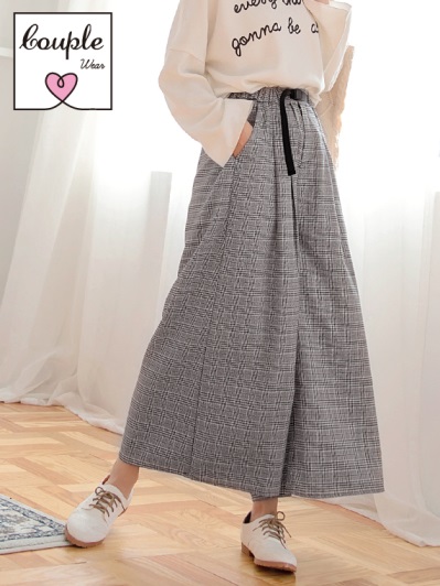 情侶~腰帶造型千鳥格打褶寬褲
